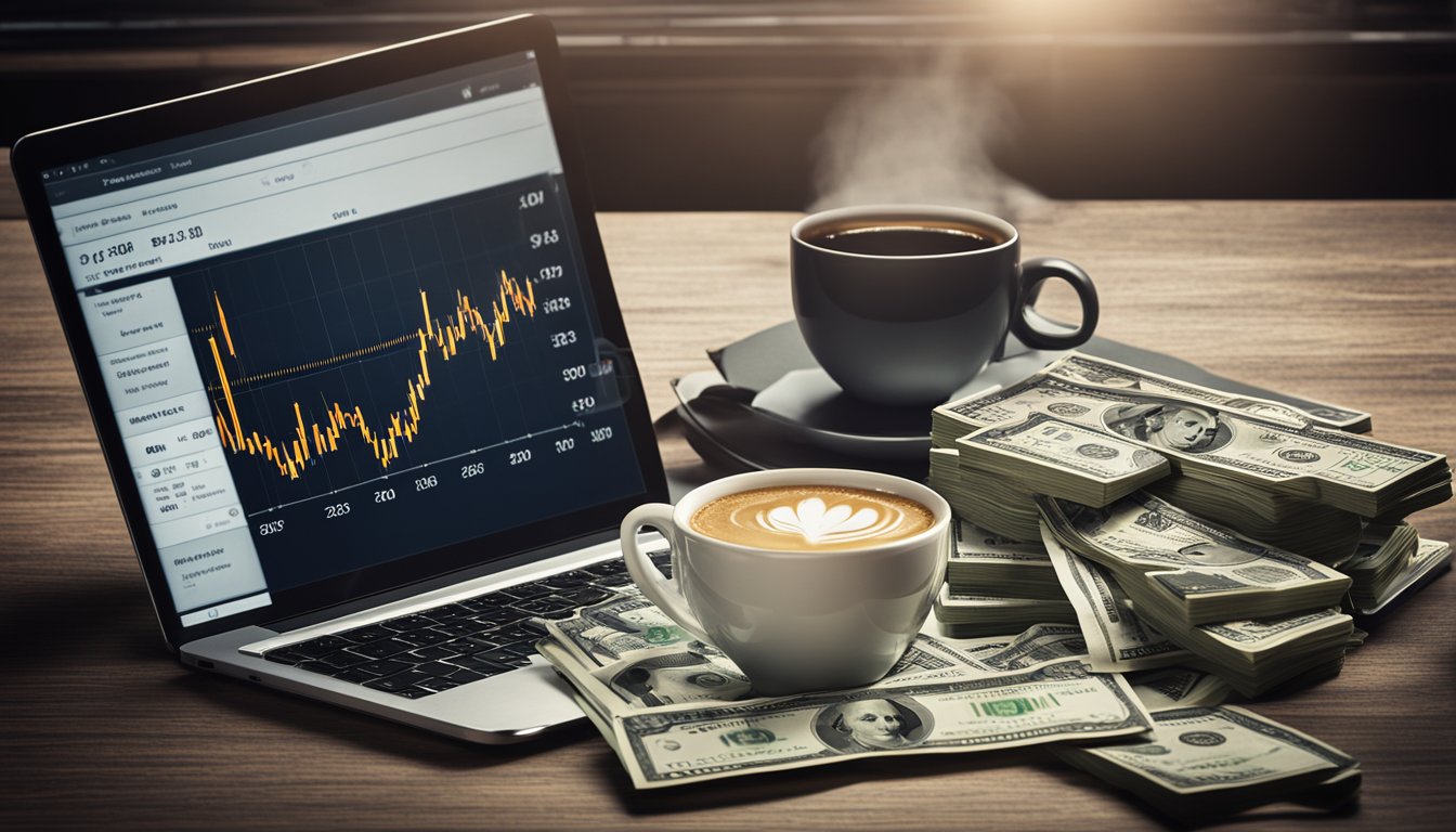 A laptop and a stack of money sit on a desk next to a cup of coffee. A graph showing increasing profits is displayed on the laptop screen