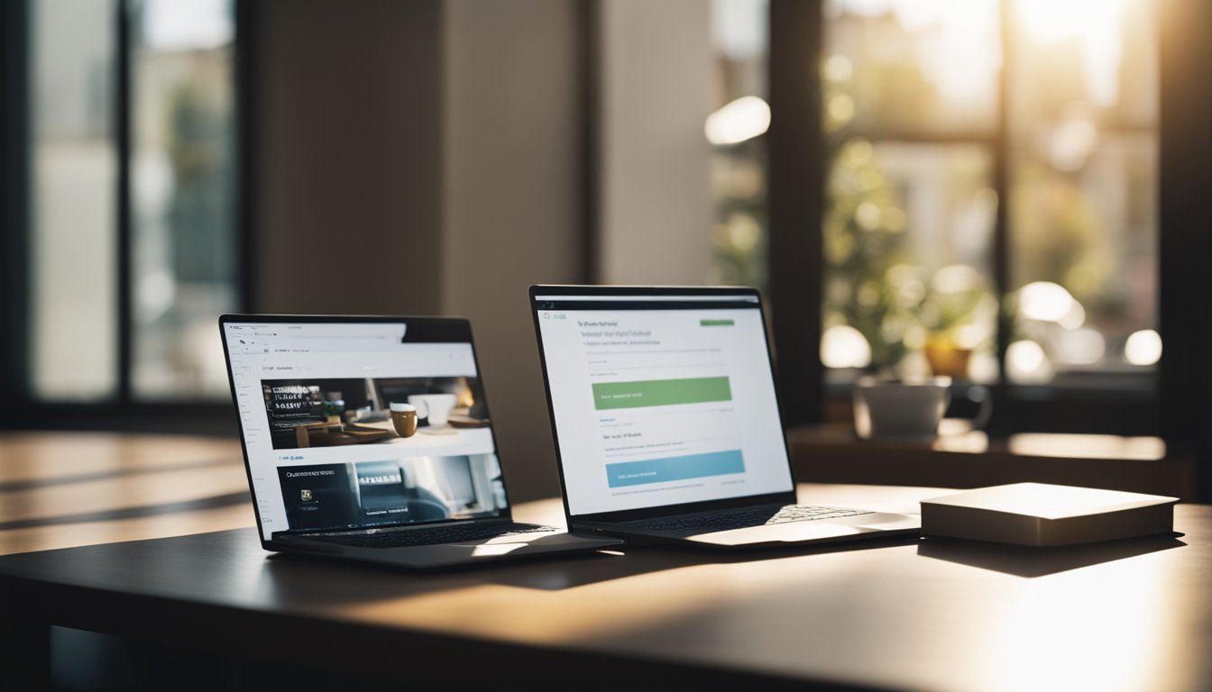 A laptop sits open on a desk, surrounded by books on passive income. A cup of coffee steams nearby as the sunlight streams through the window