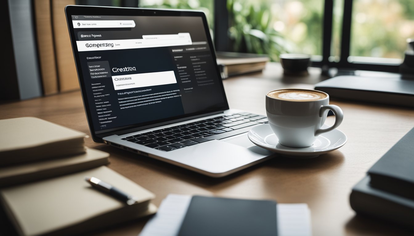 A laptop on a desk with a stack of books, a notepad, and a pen. A cup of coffee sits nearby. The screen displays a blog post titled "Generating Passive Income Through Online Content Creation: The Blogger's Guide to Financial Independence."