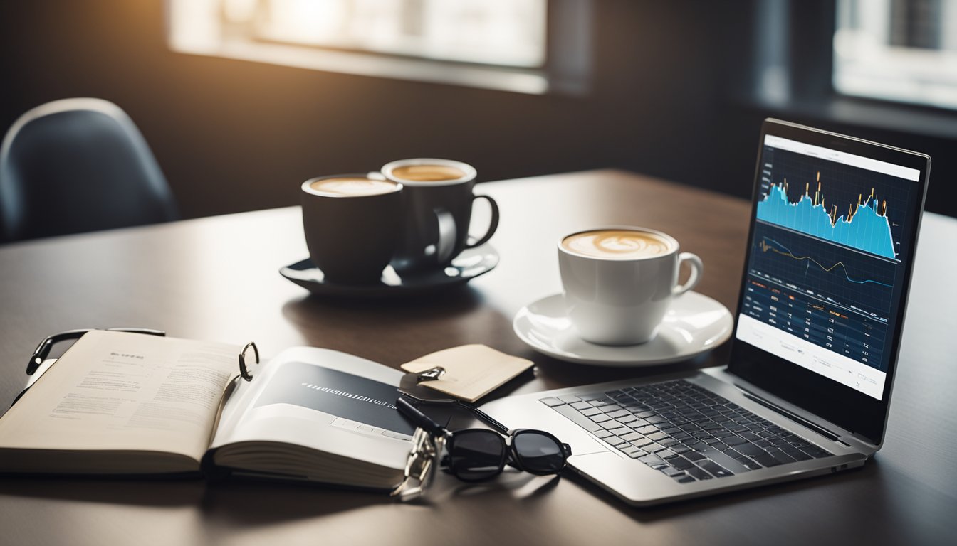 A laptop, coffee, and financial charts on a desk. A book titled "Investissement et Diversification Générer des Revenus Passifs" is open, with a pen resting on top