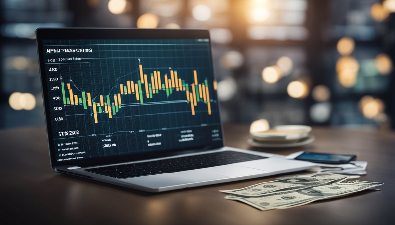 A laptop displaying affiliate marketing strategies. A stack of cash and a passive income graph in the background