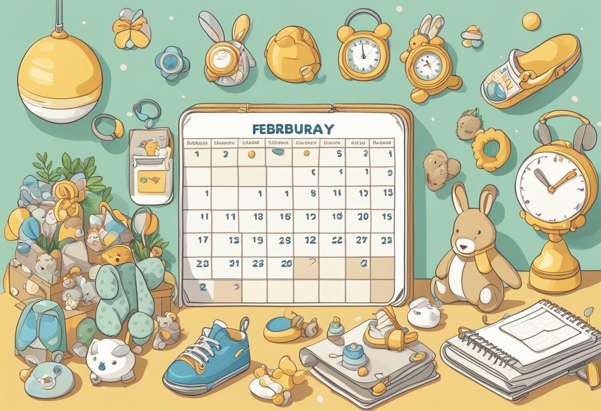 A calendar with February 29th circled, surrounded by baby-related items like rattles, pacifiers, and stuffed animals