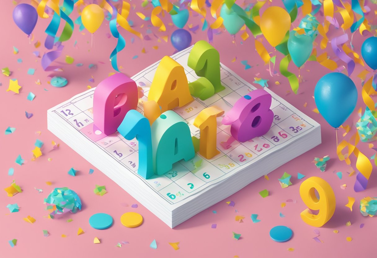 A calendar page with "Leap Year Baby Names" in bold, surrounded by colorful confetti and streamers