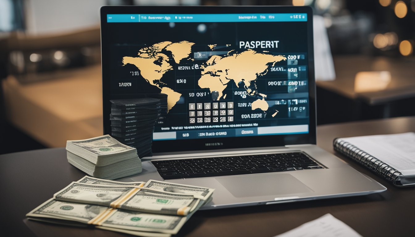 A laptop with a blog page open, surrounded by stacks of money and a passport. A calendar with marked dates and a world map in the background