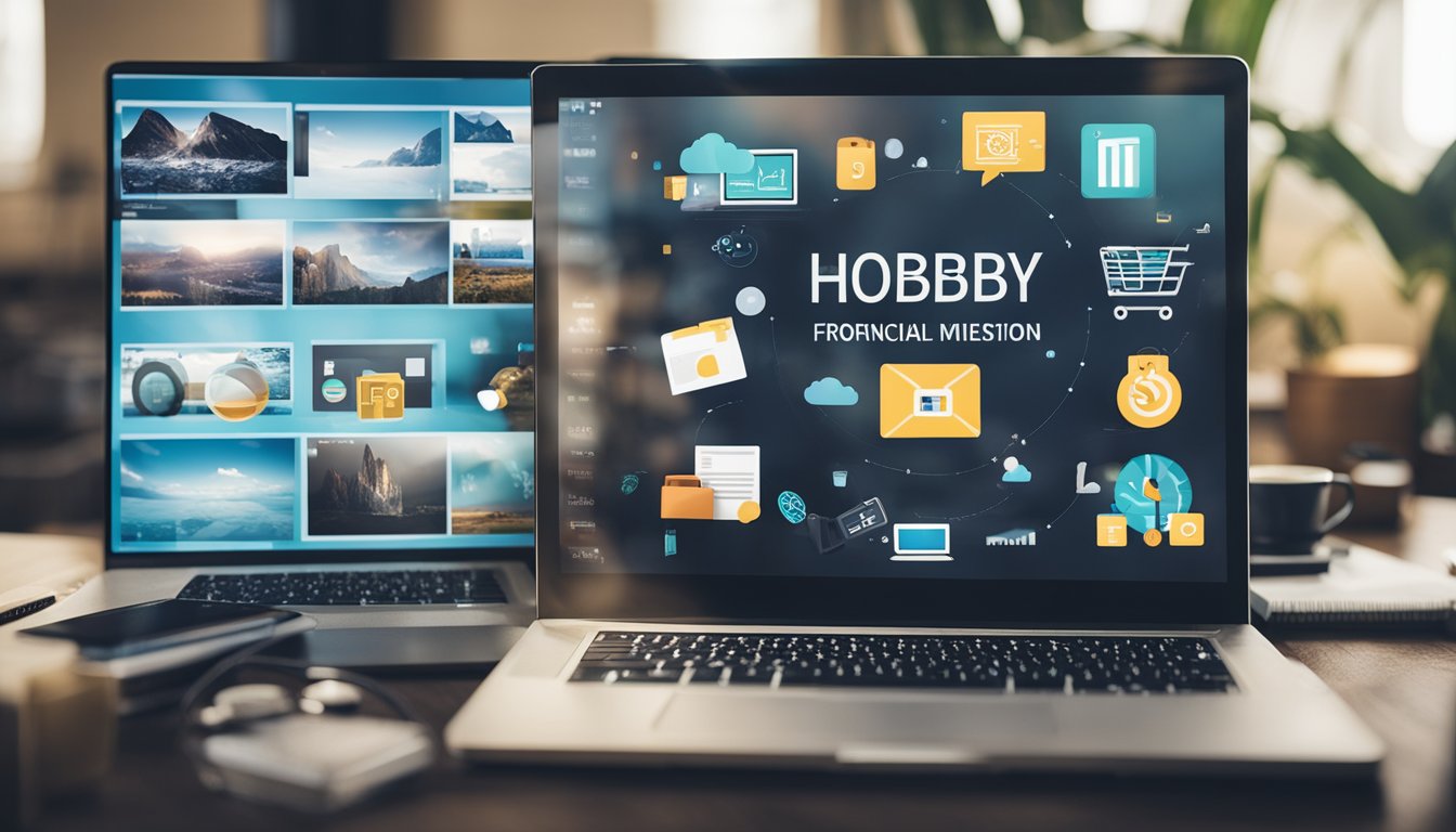 A laptop surrounded by various objects, symbolizing the transition from hobby to monetization. A blog post titled "From Hobby to Financial Freedom" is displayed on the screen