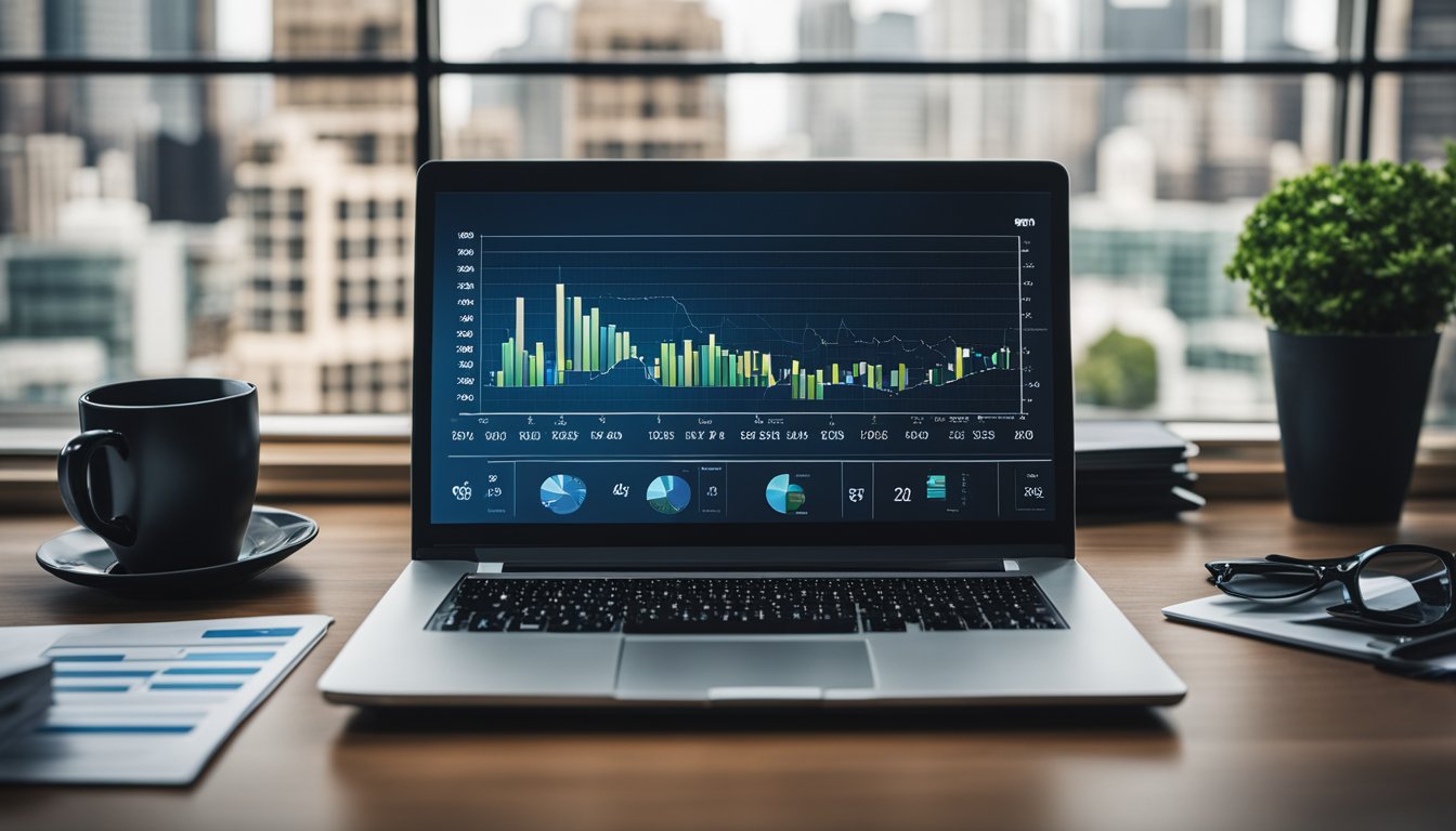 A laptop displaying financial data, surrounded by charts, graphs, and money symbols. A blog logo is visible on the screen