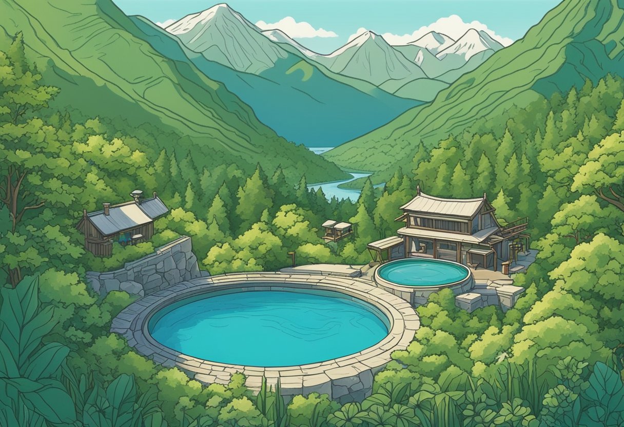 Lush greenery surrounds a bubbling hot spring, with a backdrop of towering mountains and a clear blue sky. Wildlife roams freely, and the air is filled with the sounds of nature