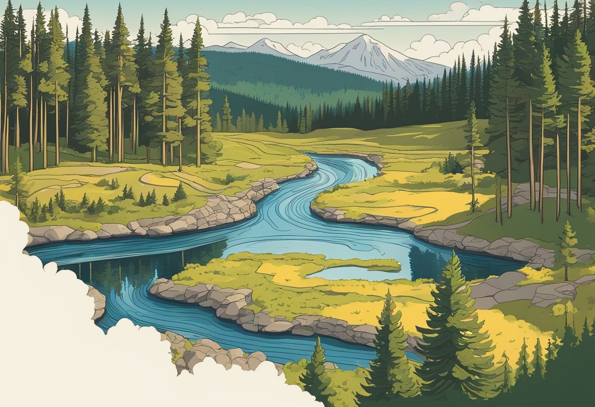 A serene forest clearing with a bubbling stream, surrounded by towering pine trees and colorful wildflowers, with a majestic view of the Yellowstone landscape in the distance