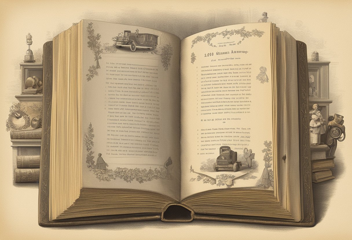 A vintage book open to a page listing 100 year old baby names, surrounded by antique toys and a faded photograph