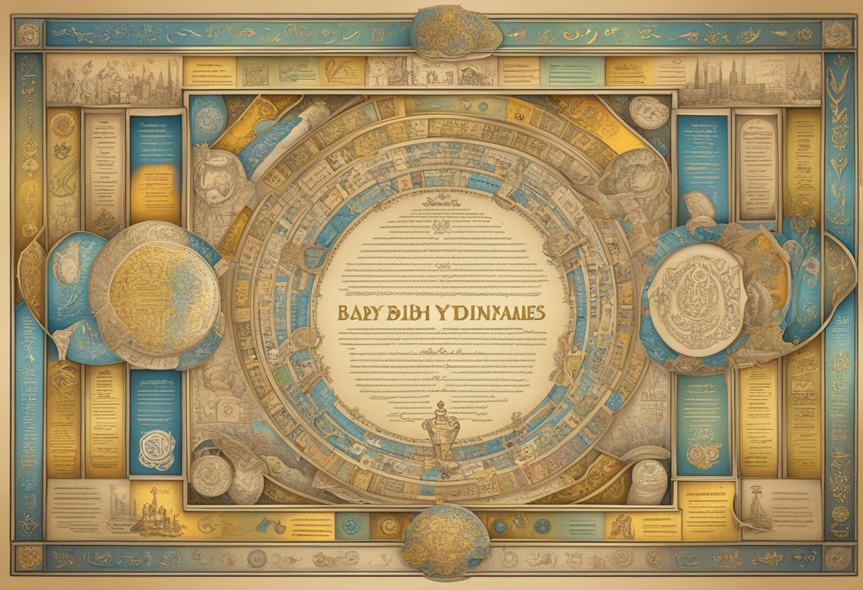 A colorful array of Yiddish baby names displayed on a vintage scroll, surrounded by traditional Jewish symbols and motifs