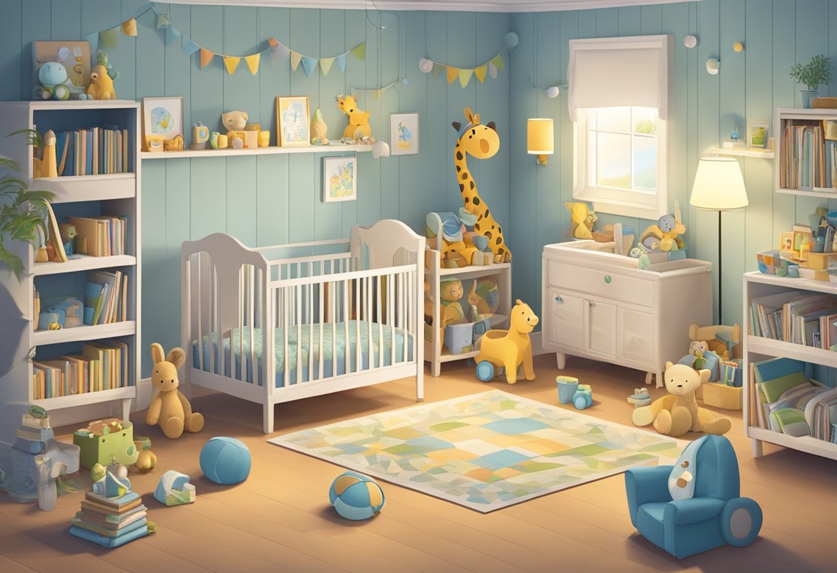 A nursery with a banner reading "Baby Boys Ending in -yn" surrounded by toys and books