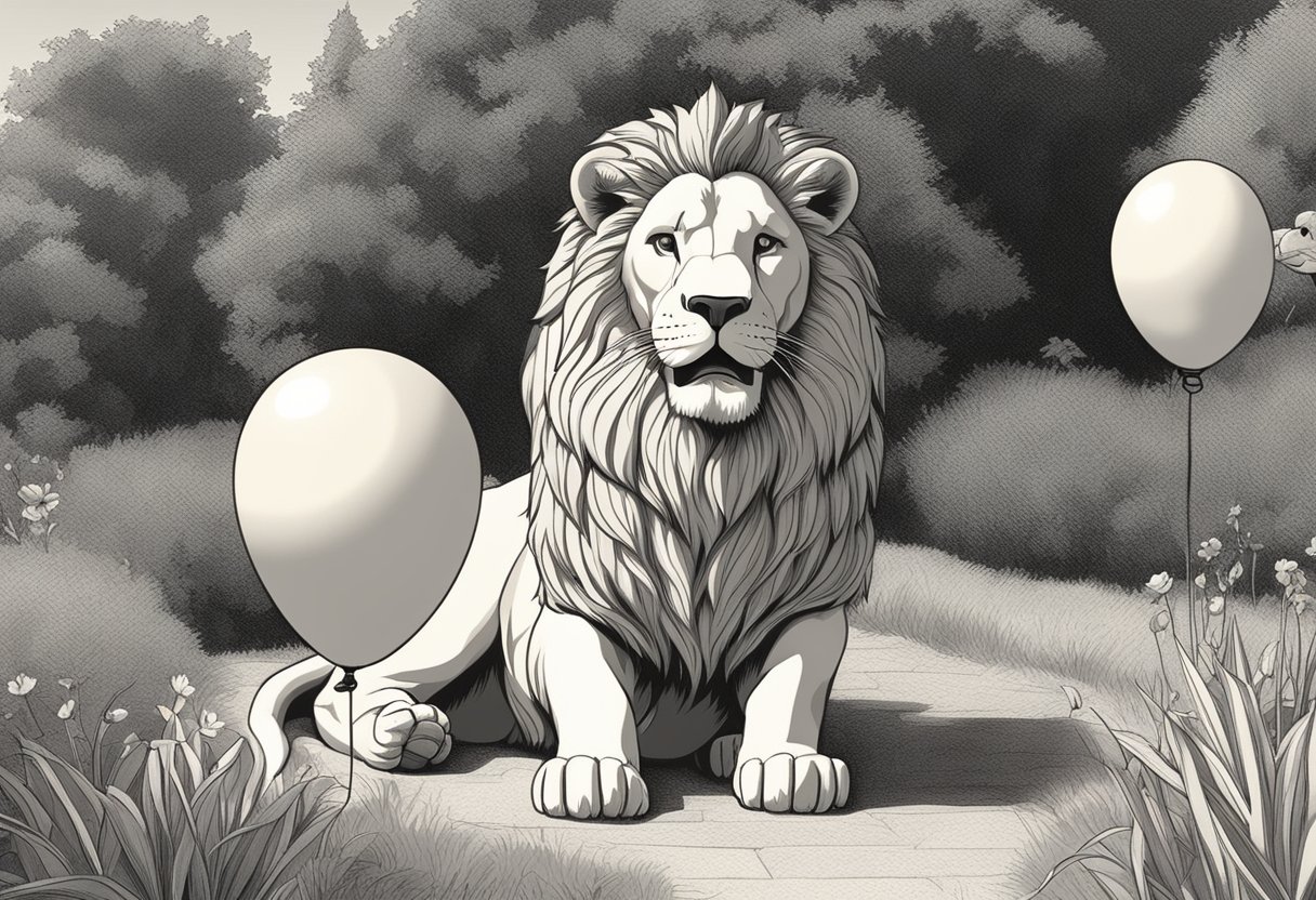 A joyful lion playing with a balloon in a sunny garden