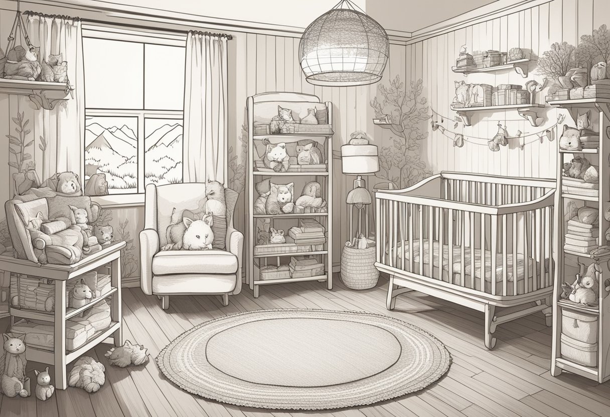 A nursery with a cozy rocking chair, a shelf of baby books, and a mobile of woodland animals hanging above the crib
