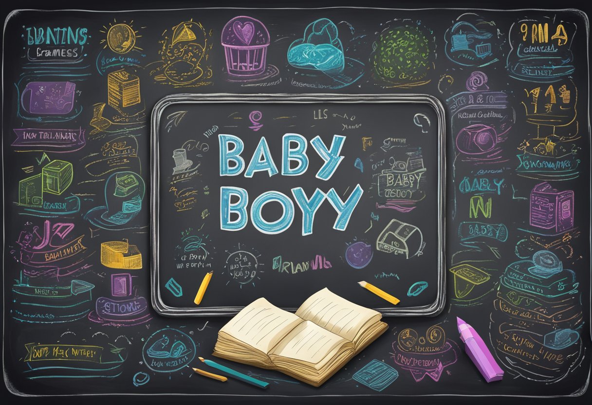 A chalkboard with a list of baby boy names ending in "yn" surrounded by colorful brainstorming notes and illustrations