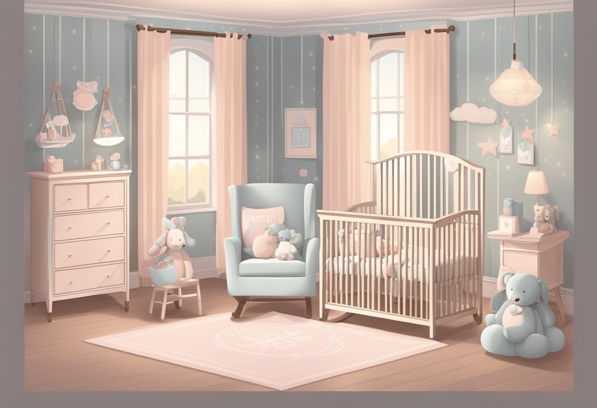 A cozy nursery with soft pastel colors, a rocking chair, and a crib adorned with a personalized name banner
