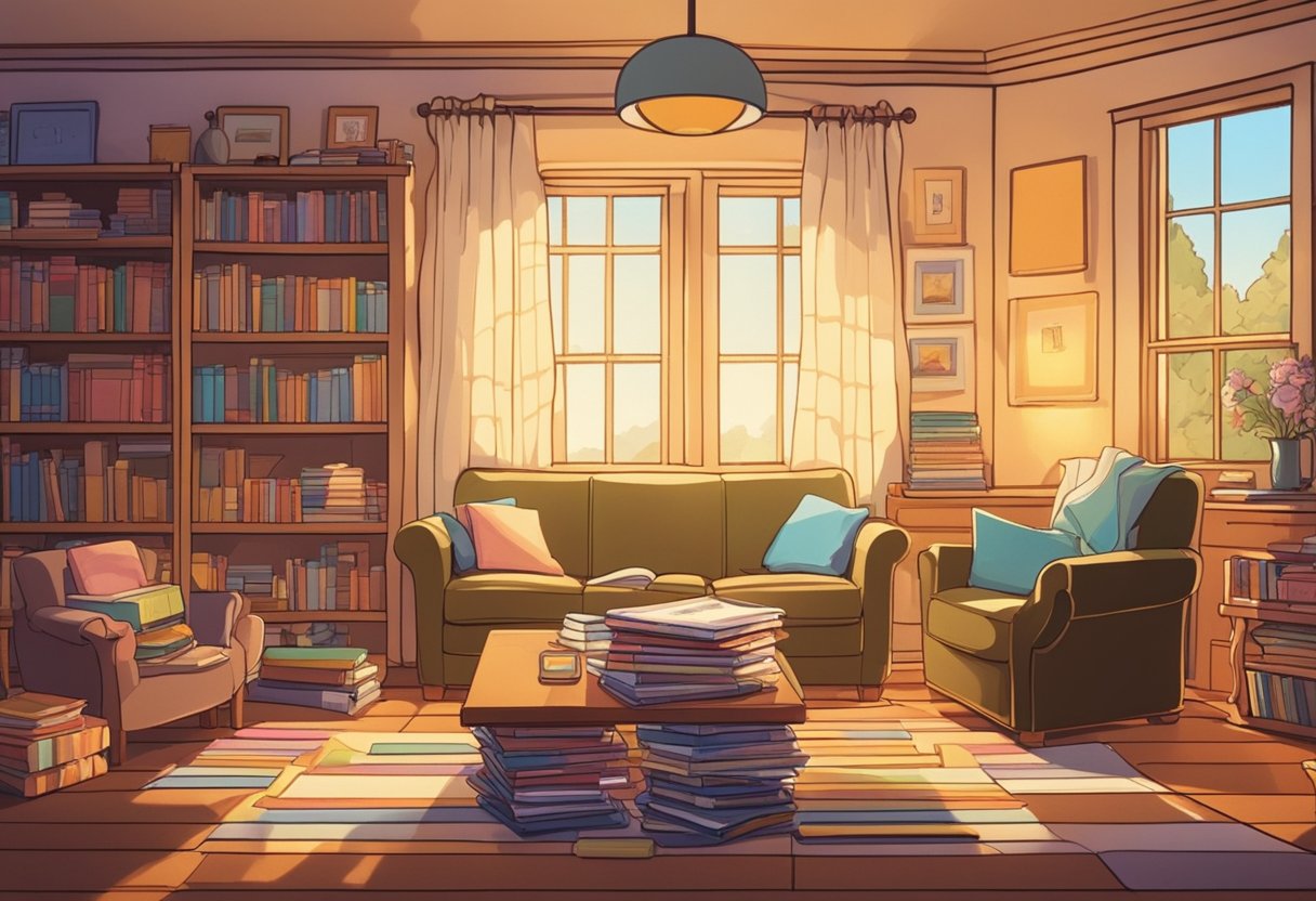 A cozy room with a table covered in baby name books, a stack of notepads, and colorful pens. Light filters in through the window, casting a warm glow on the scene