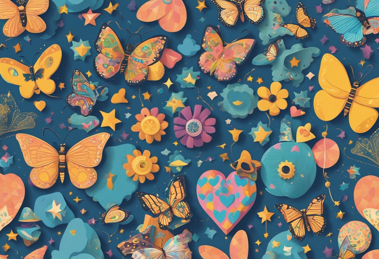 A colorful collage of retro symbols and patterns, including butterflies, stars, and hearts, evoking a playful and nostalgic Y2K aesthetic