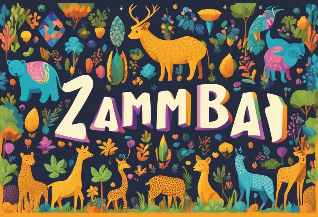 A colorful array of traditional Zambian symbols and animals surrounds the words "Zambian Baby Names" in bold, vibrant lettering