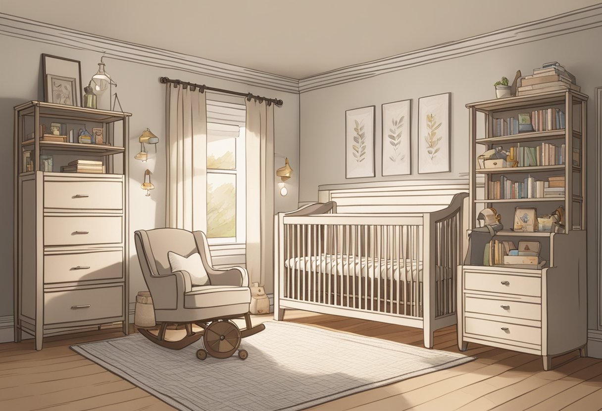 A serene nursery with soft, neutral tones and a cozy rocking chair. A shelf filled with books by Zach Bryan sits next to a crib adorned with a personalized name sign