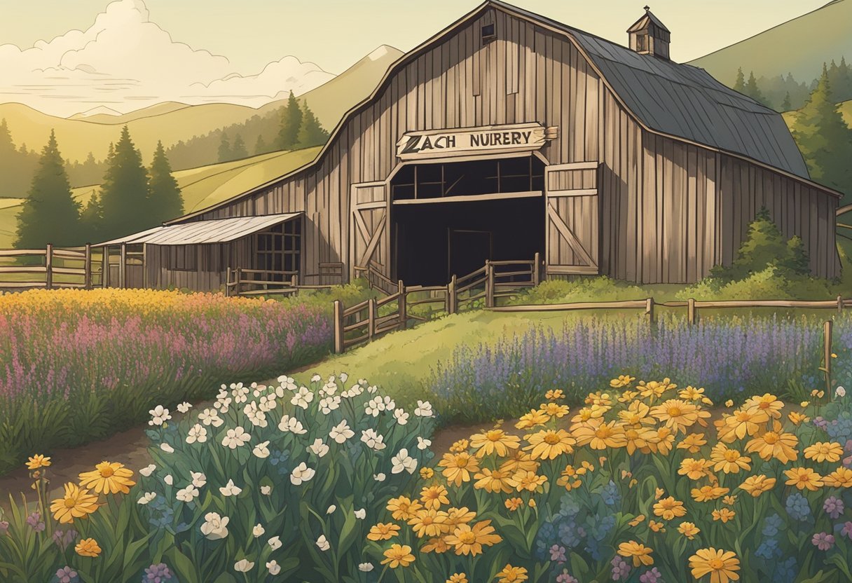 A rustic barn with a sign reading "Zach Bryan Nursery" surrounded by wildflowers and a serene countryside backdrop