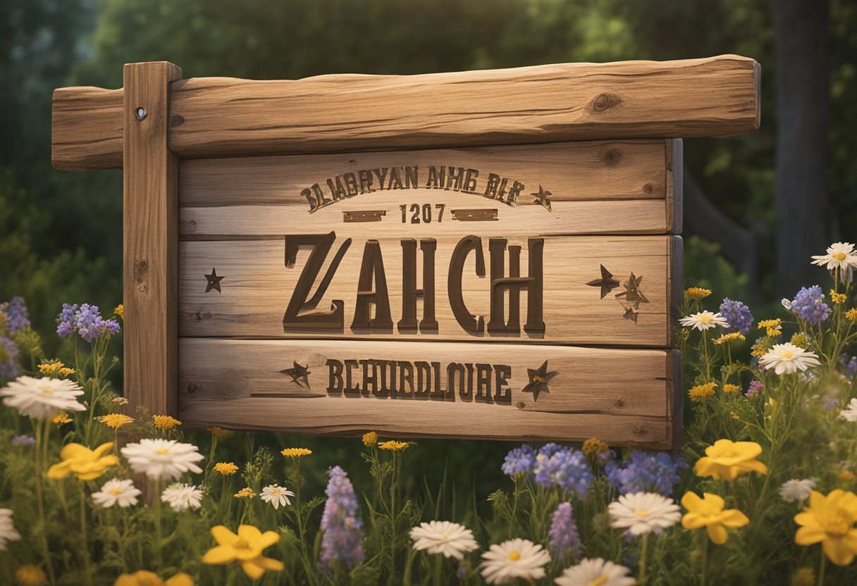 A rustic wooden sign with "Zach Bryan" inspired baby names painted on it, surrounded by wildflowers and a warm, natural backdrop