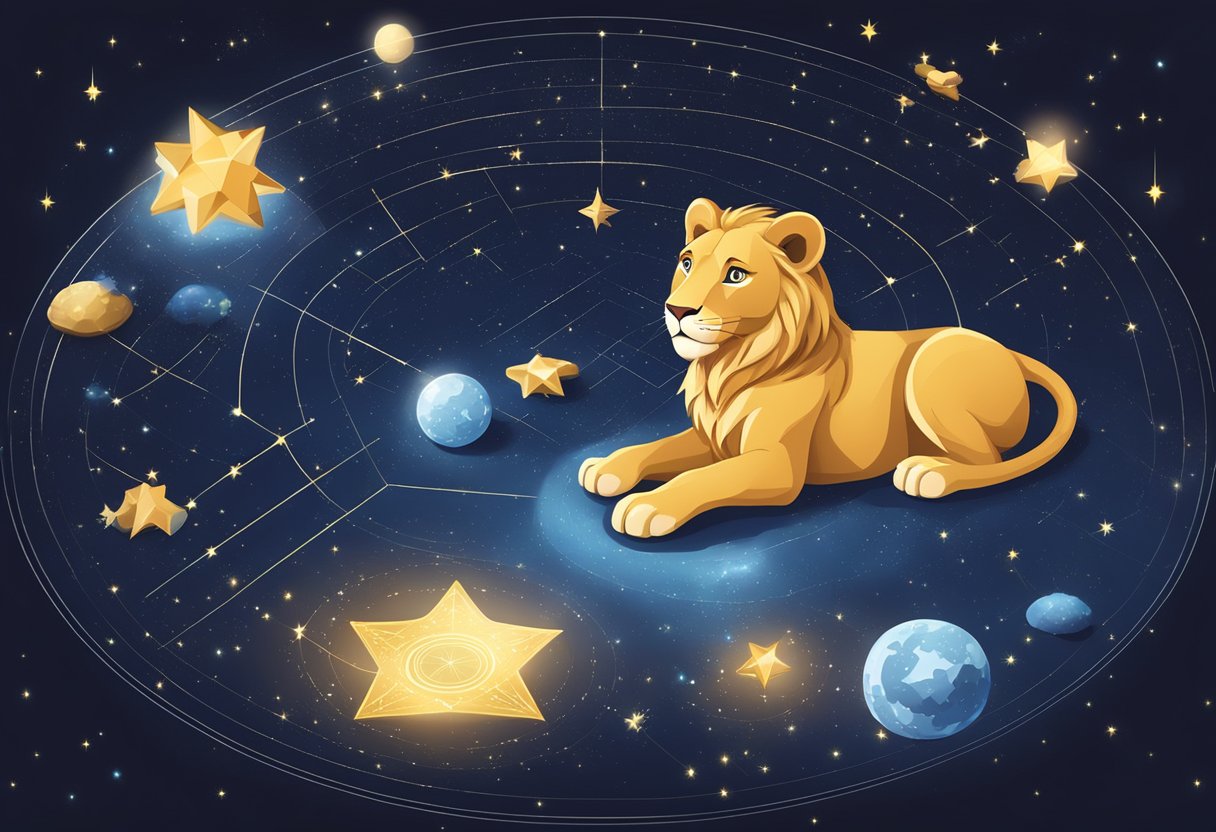 A sparkling night sky with Leo constellation, a baby lion playing, and a list of zodiac-inspired names spread out on a table