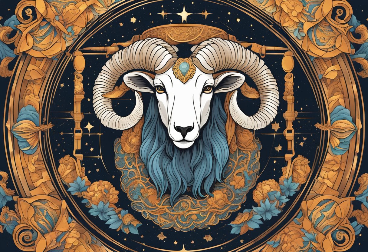 Aries zodiac symbols surround a cradle, with fiery colors and bold designs. A ram's head and a constellation of stars stand out