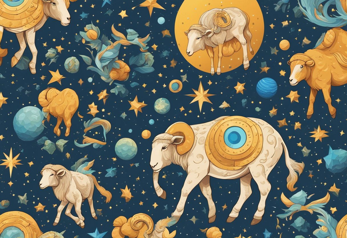 Aries zodiac symbols scattered among colorful stars and celestial elements