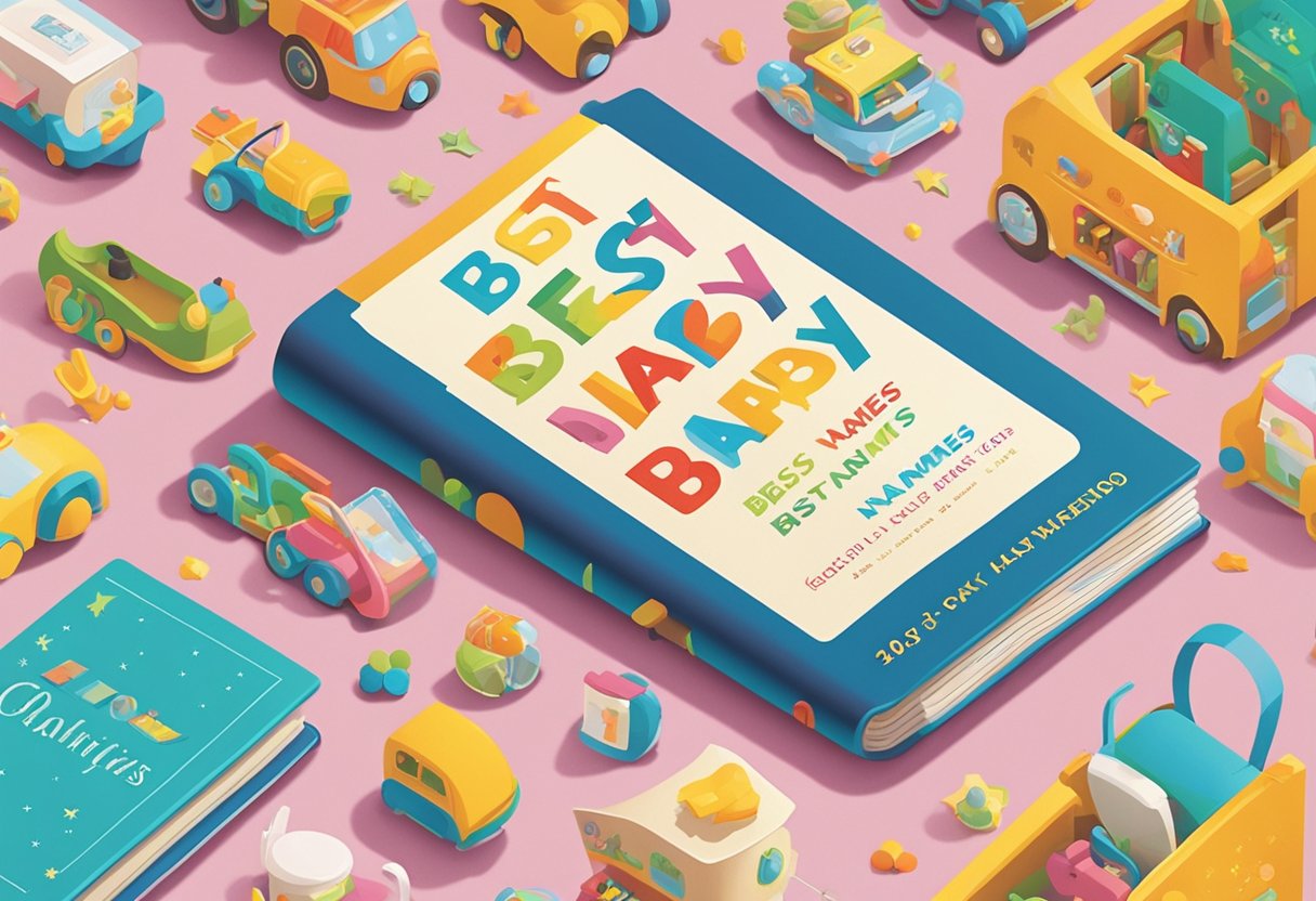 A colorful book cover featuring "Best Names baby names 1993" with playful fonts and a background of baby items and toys