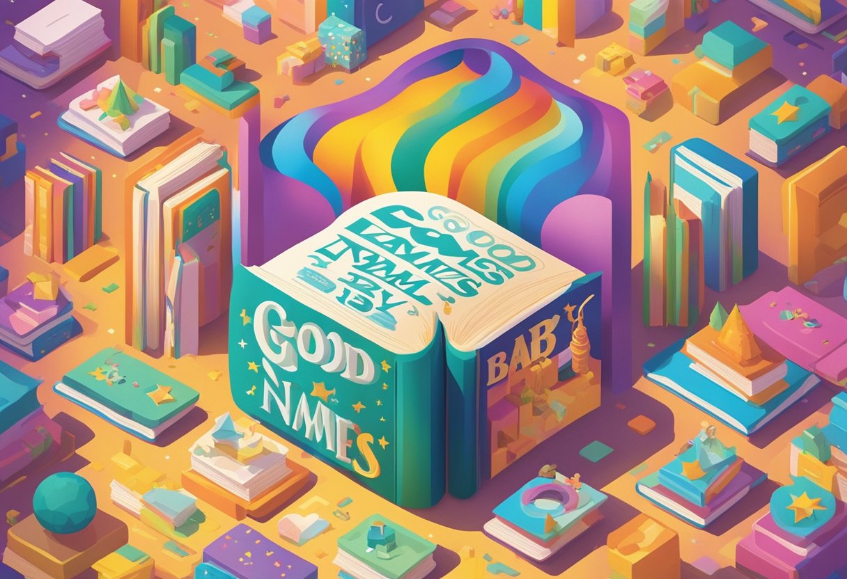 A colorful book cover with "Good Names baby names 1993" in bold, playful font surrounded by baby-related imagery and vibrant patterns