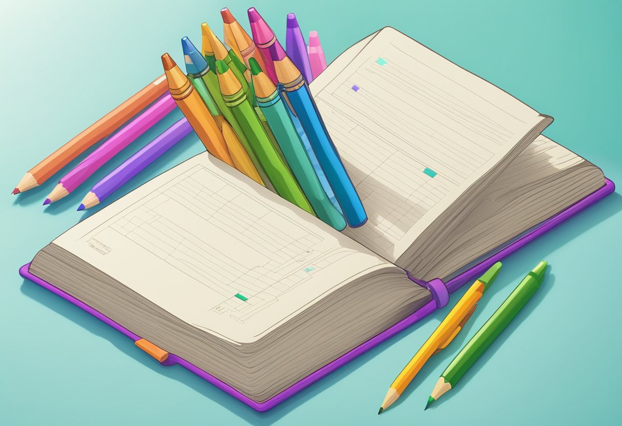 Two baby name books open on a table, surrounded by colorful pens and pencils. A blank piece of paper ready for brainstorming