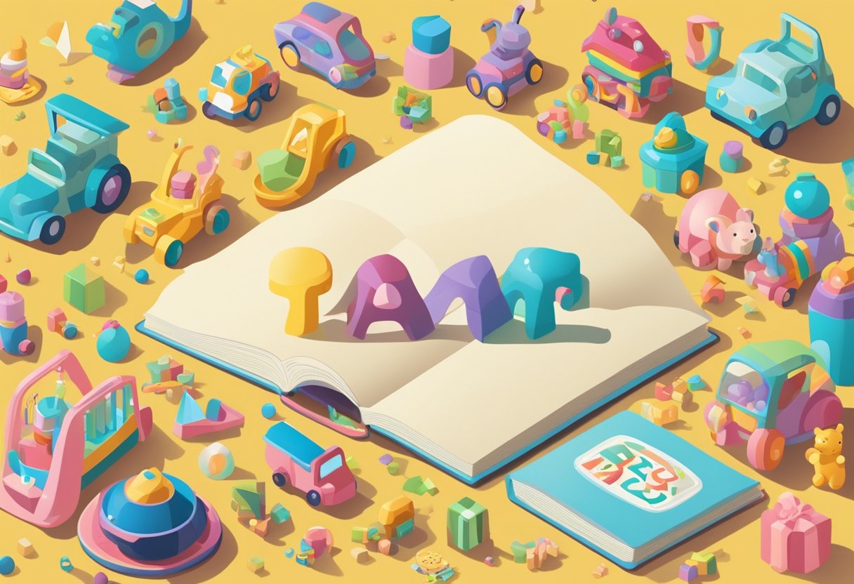 A colorful display of "Best Names 2nd baby names" book surrounded by toys and baby items