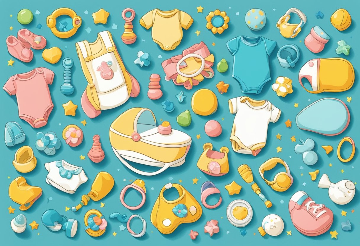 A colorful array of baby items, including rattles, pacifiers, and onesies, arranged in a playful and cheerful manner