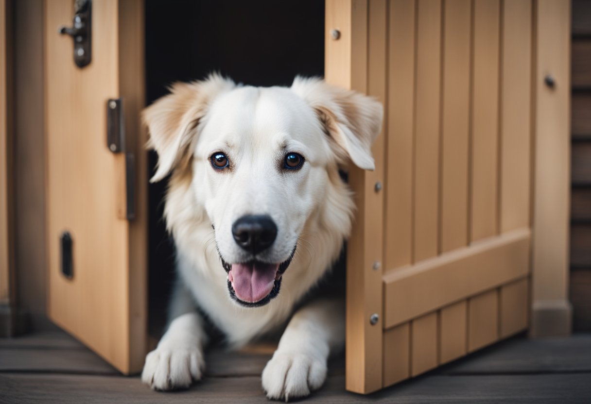 A happy dog enters a sturdy, weatherproof dog door in a wooden door, with a wagging tail and bright eyes