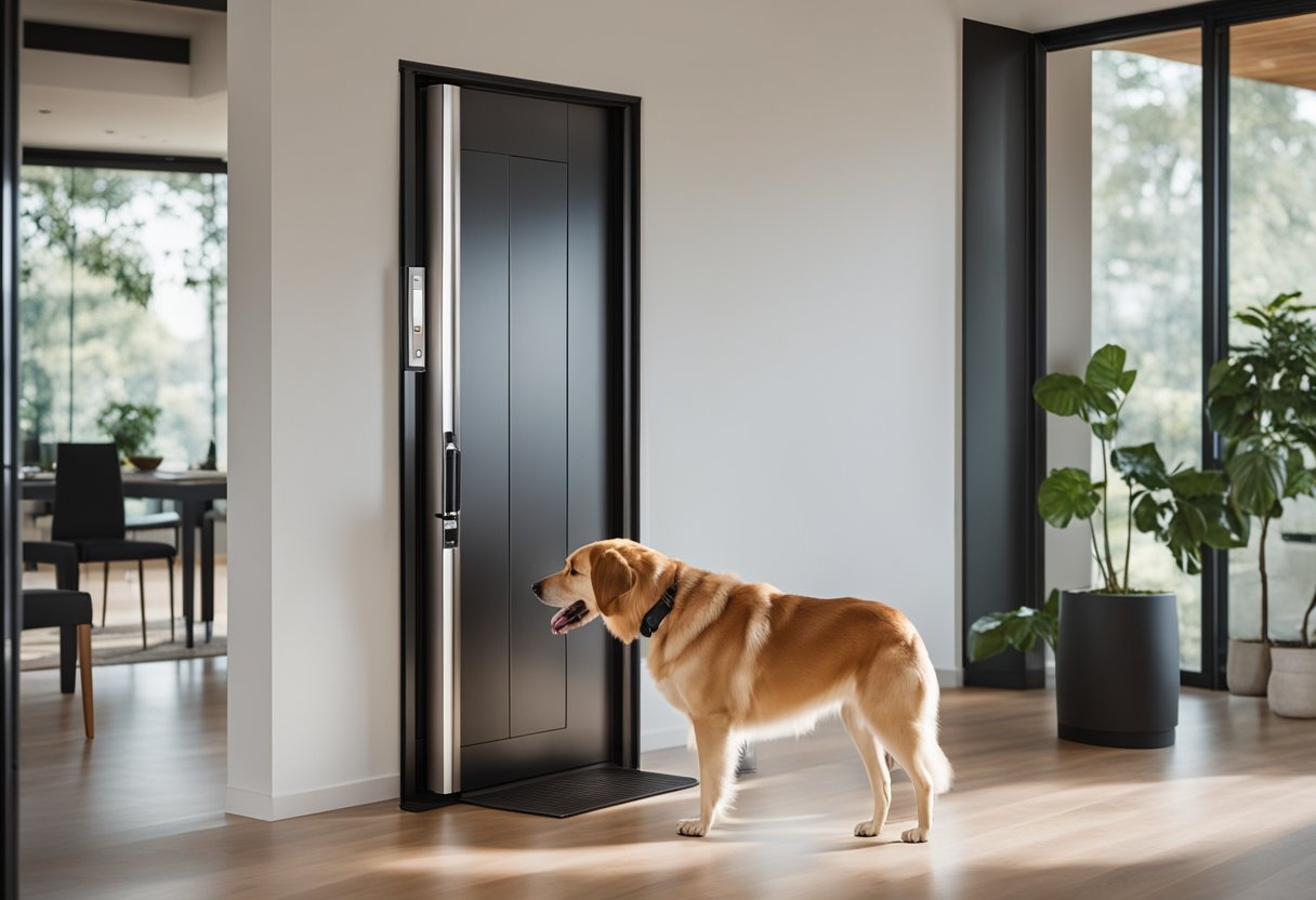 A large dog confidently enters a high-tech dog door, with a sensor and automatic opening mechanism, in a modern home