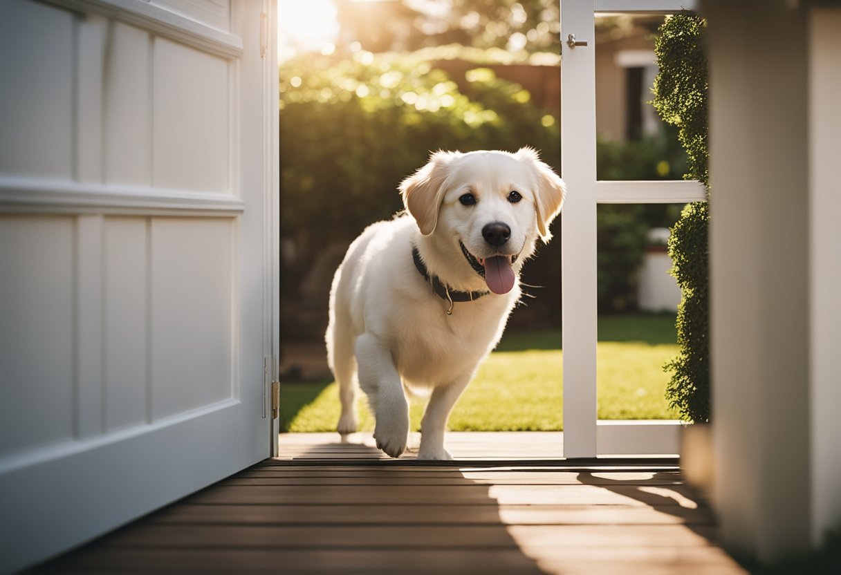 A dog happily enters a large, open dog door, with a bright, sunny backyard visible on the other side