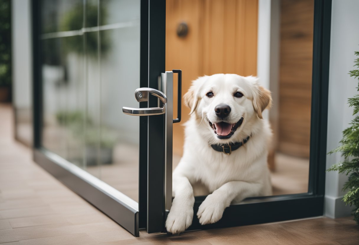 A happy dog confidently passing through a well-designed dog door, with a look of satisfaction on its face