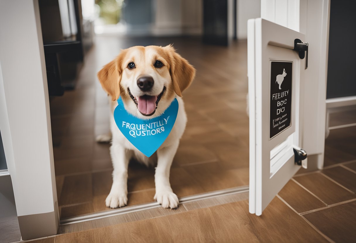 A happy dog pushing through a dog door, tail wagging, with a sign above reading "Frequently Asked Questions best dog door"