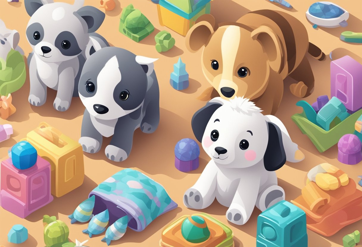 Three baby animals with name tags, surrounded by colorful toys and blankets