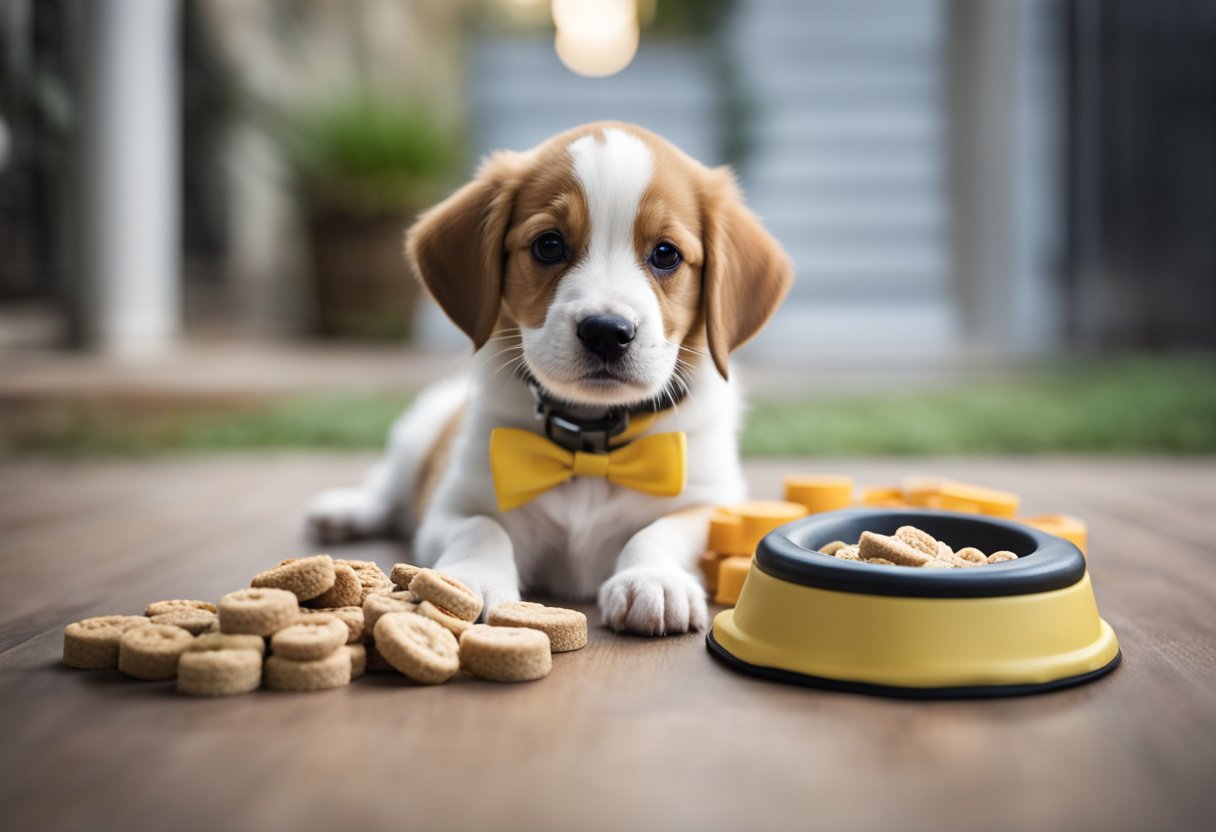A puppy sits next to a potty pad, with a stack of training treats nearby. A leash and collar are ready for a walk
