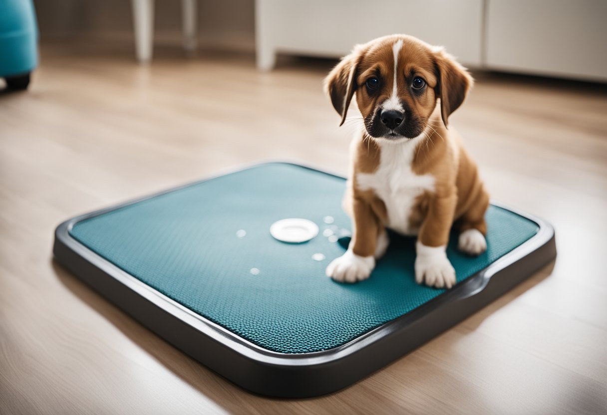A puppy sits on a training potty pad, while its owner encourages and rewards it for using the pad correctly