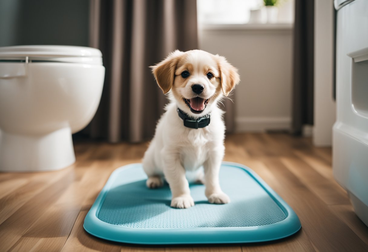 A puppy standing by a potty training pad with a happy expression