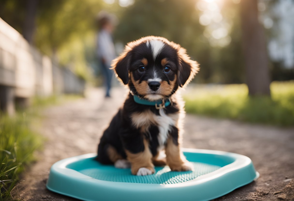 A small puppy successfully using a potty pad or outdoor area to relieve itself, with a proud and happy owner looking on
