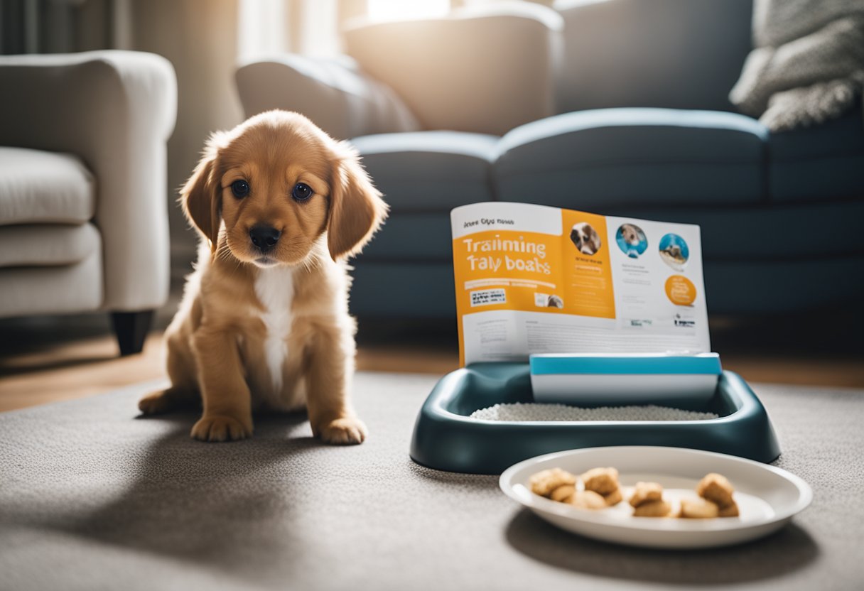 A puppy sitting next to a training pad, with a potty training guidebook and a bowl of treats nearby