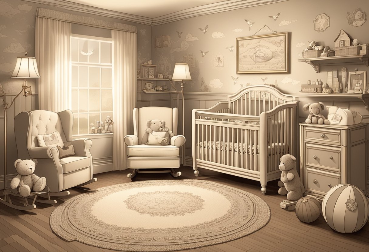 A vintage-style nursery with 1930s baby names written on the wall in elegant script, surrounded by classic baby toys and a cozy rocking chair