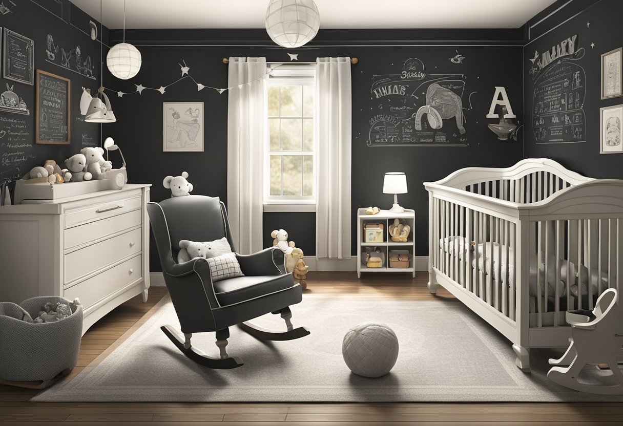 A vintage-themed nursery with a chalkboard wall listing popular 1930s baby names, surrounded by classic baby toys and a rocking chair