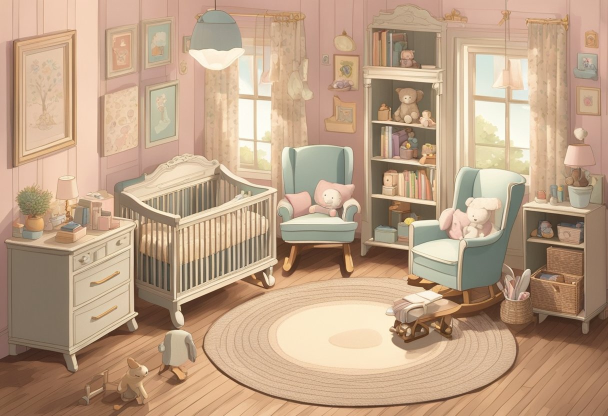 A vintage nursery with classic toys and books, a rocking chair, and a pastel color palette