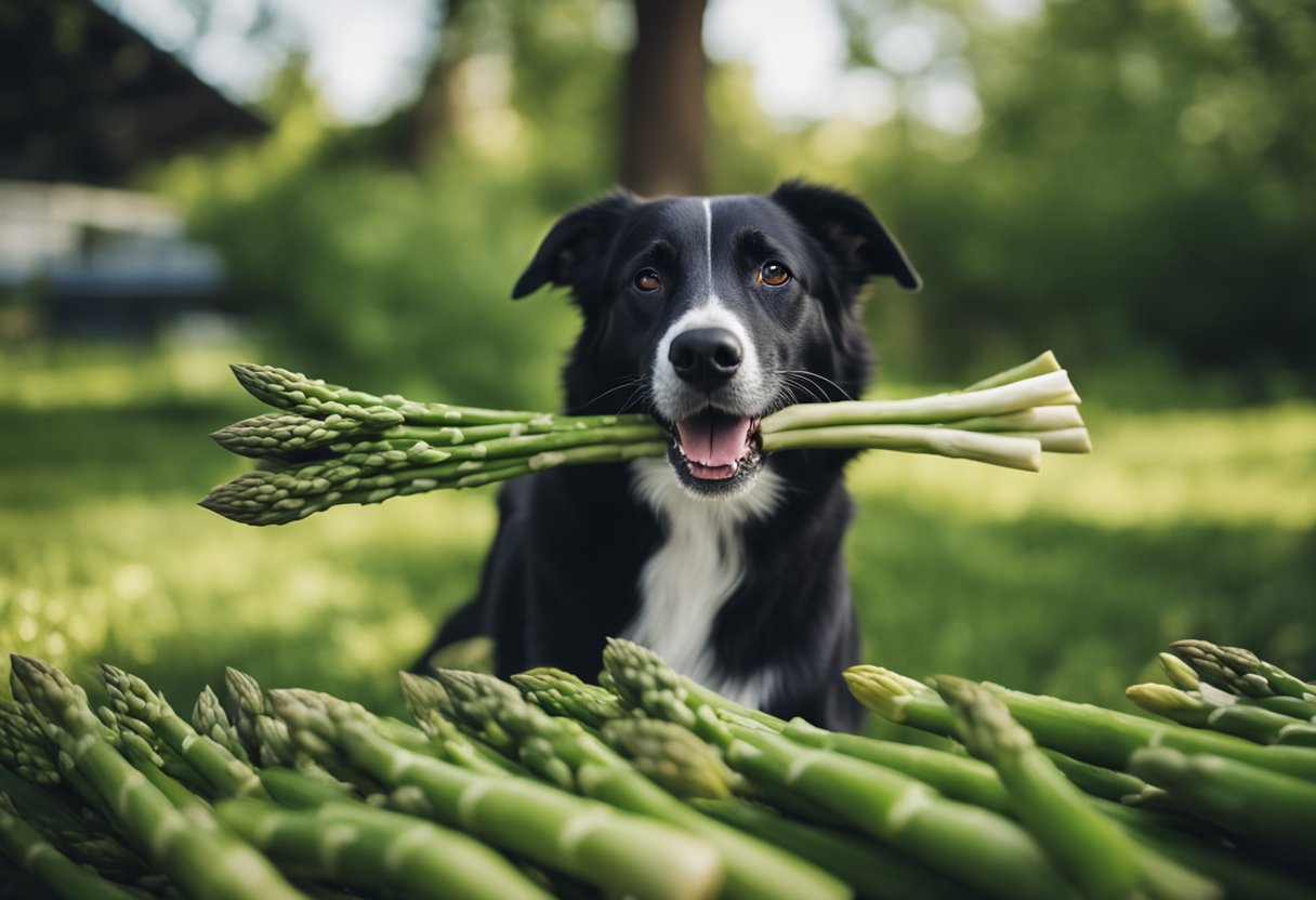 A dog eagerly munches on a fresh bunch of asparagus, while its tail wags with delight