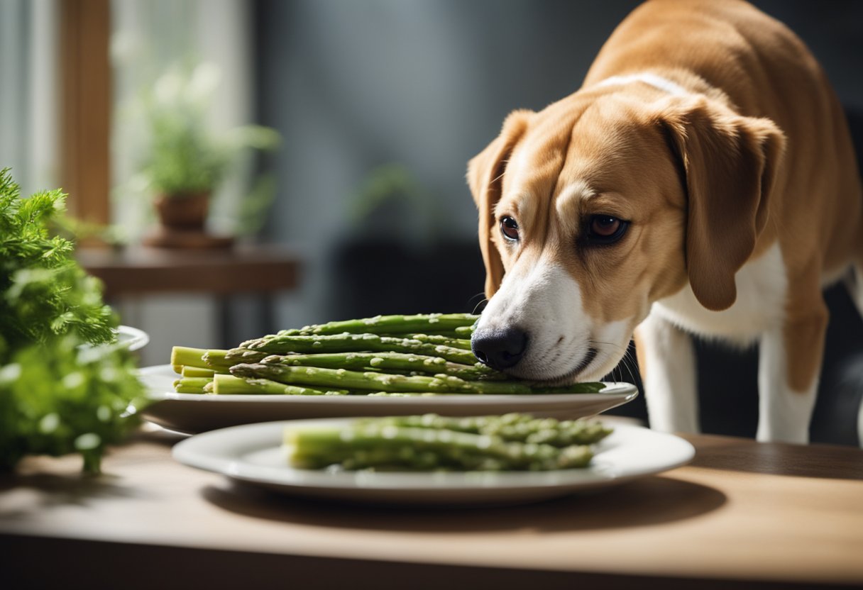 A dog eagerly sniffs a plate of asparagus, its tail wagging with excitement