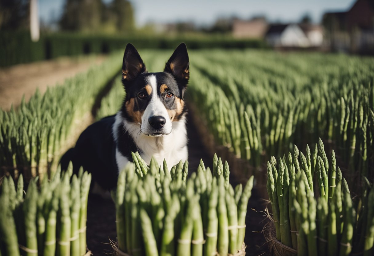 A dog surrounded by asparagus, sniffing and looking curious